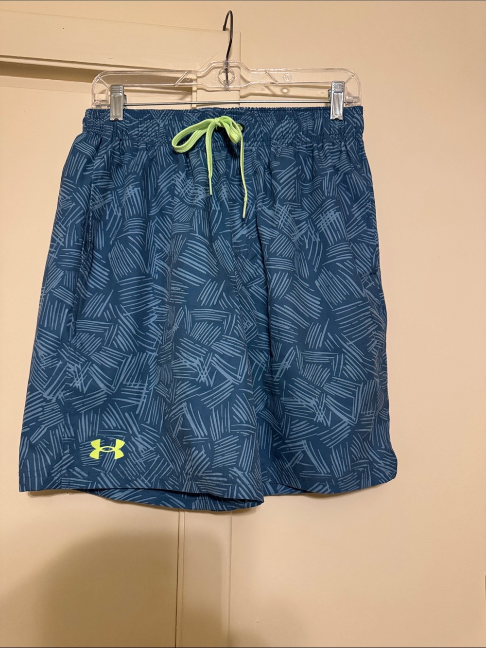 Under Armour Teal Geometric Athletic Shorts with Neon Drawstring